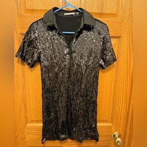 Alice + Olivia Treva Sequin Dress Polo Boxy Oversized Black size XS